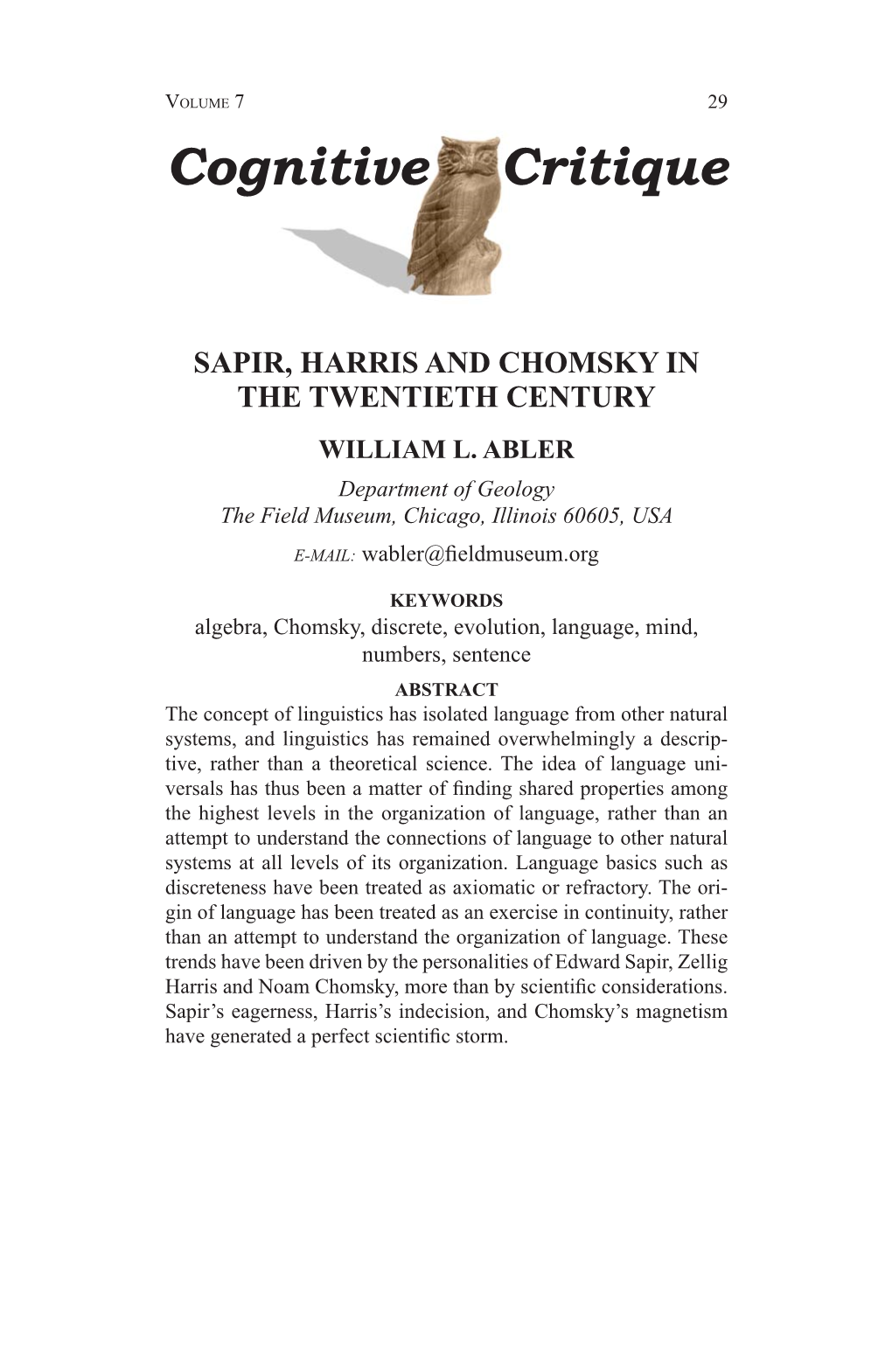 Sapir, Harris and Chomsky in the Twentieth Century William L