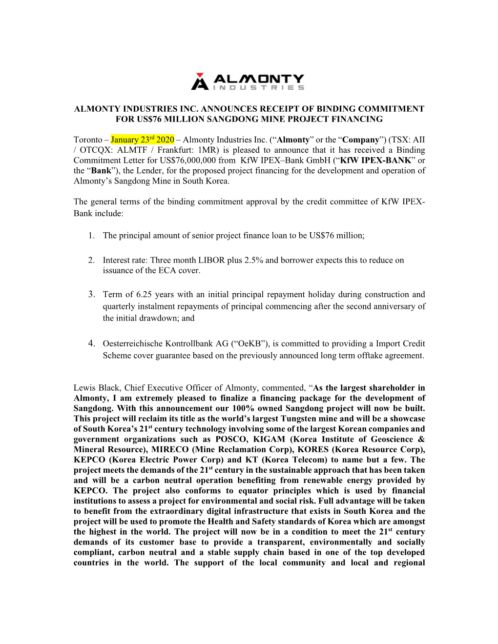 Almonty Industries Inc. Announces Receipt of Binding Commitment for Us$76 Million Sangdong Mine Project Financing