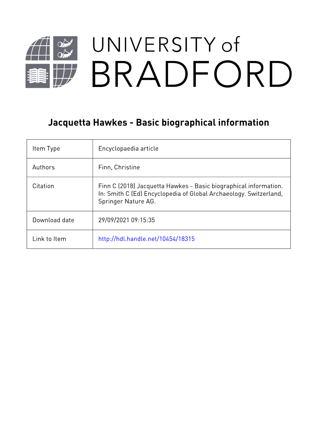 Jacquetta Hawkes - Basic Biographical Information