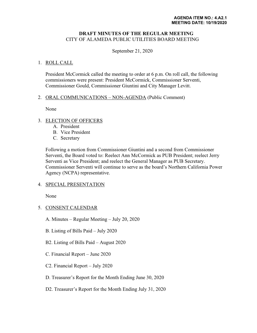 Draft Minutes of the Regular Meeting City of Alameda Public Utilities Board Meeting