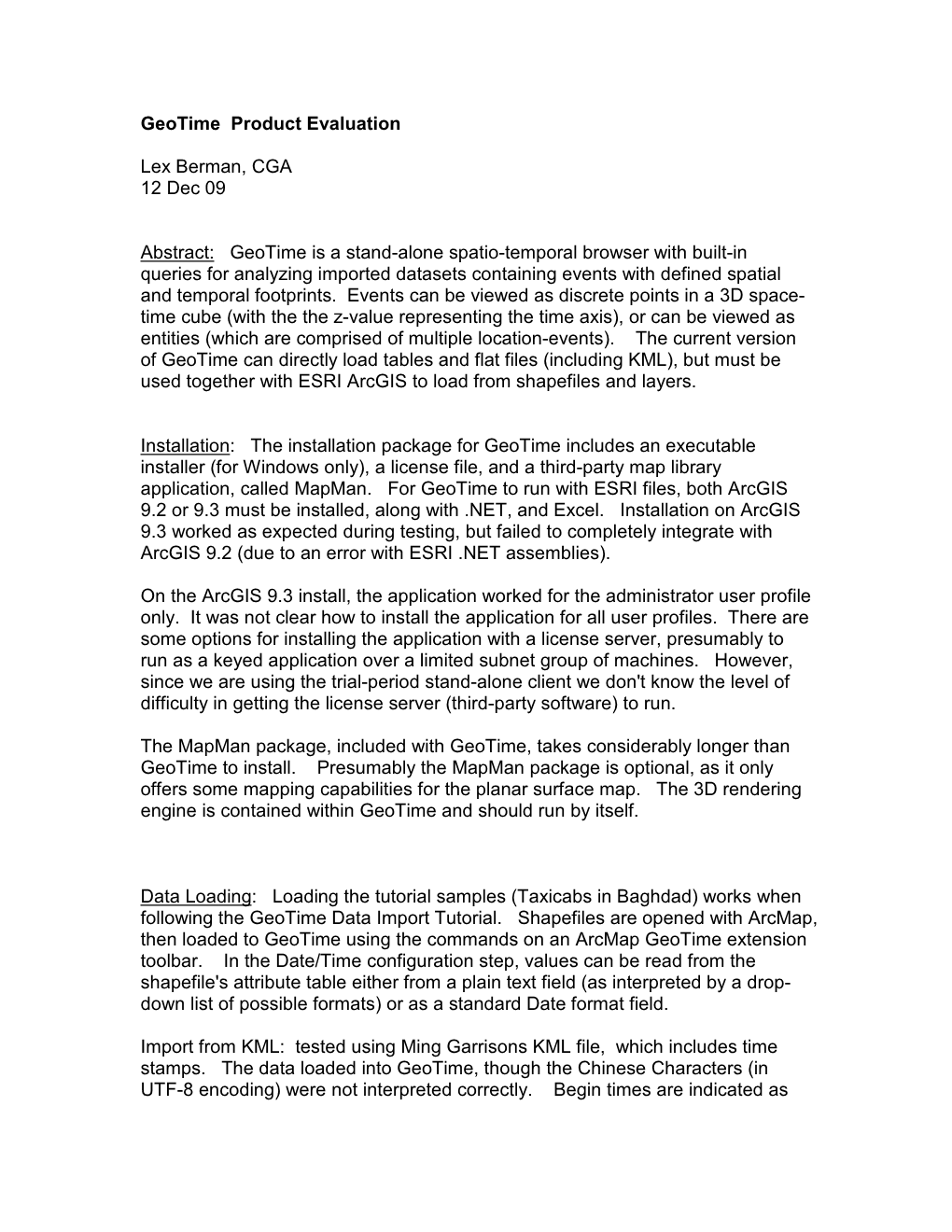Geotime Product Evaluation Lex Berman, CGA 12 Dec 09 Abstract