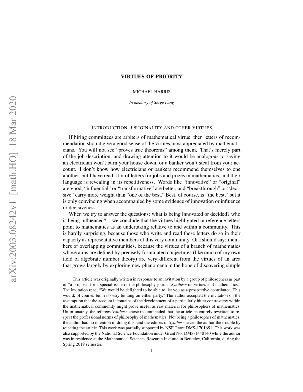 Arxiv:2003.08242V1 [Math.HO] 18 Mar 2020