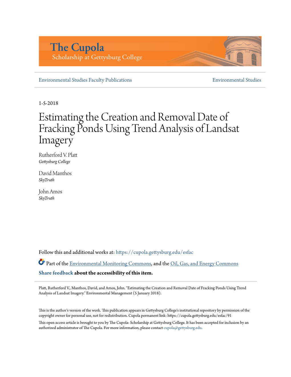 Estimating the Creation and Removal Date of Fracking Ponds Using Trend Analysis of Landsat Imagery Rutherford V