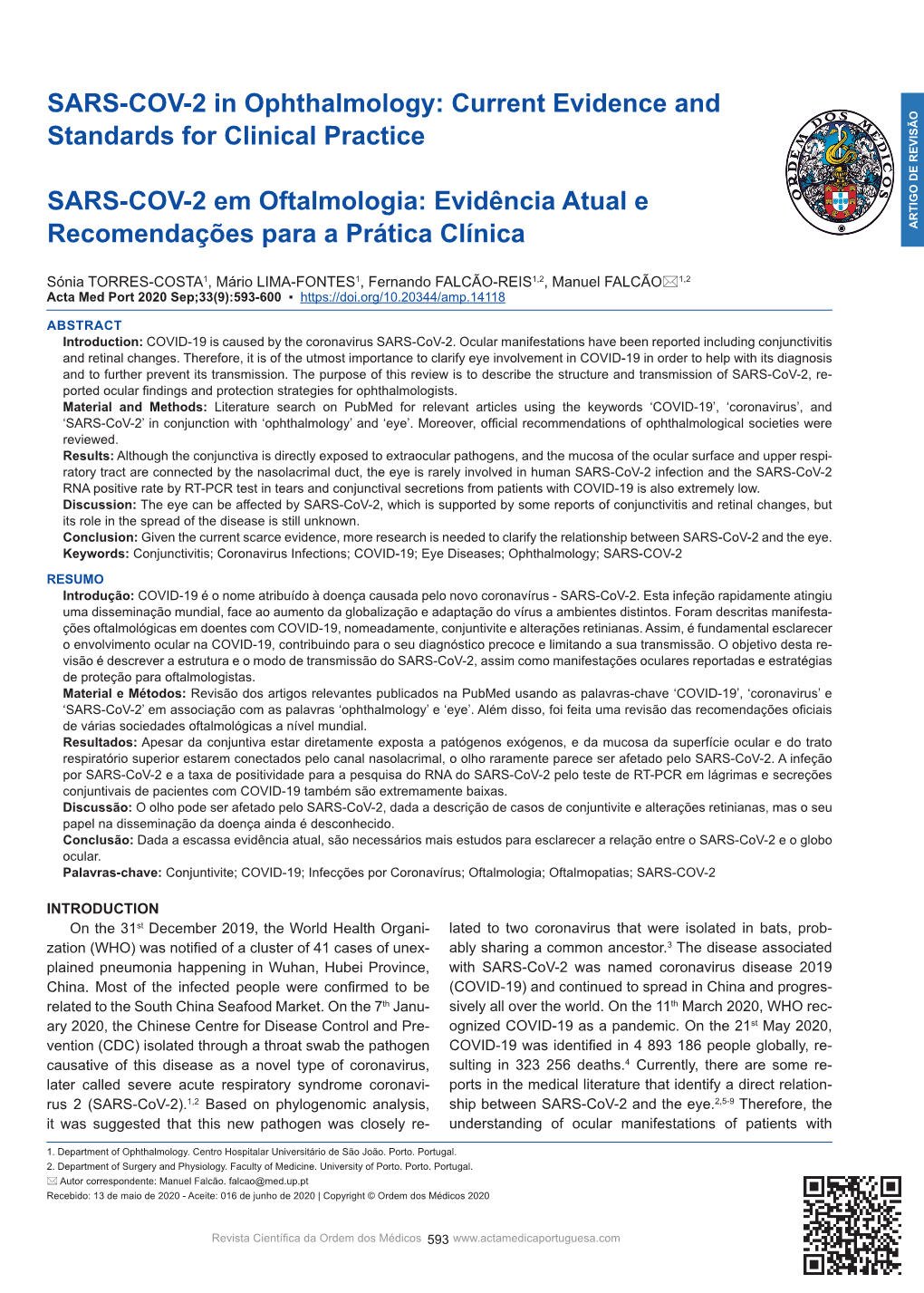 SARS-COV-2 in Ophthalmology, in Ophthalmology, SARS-COV-2 S, Et Al