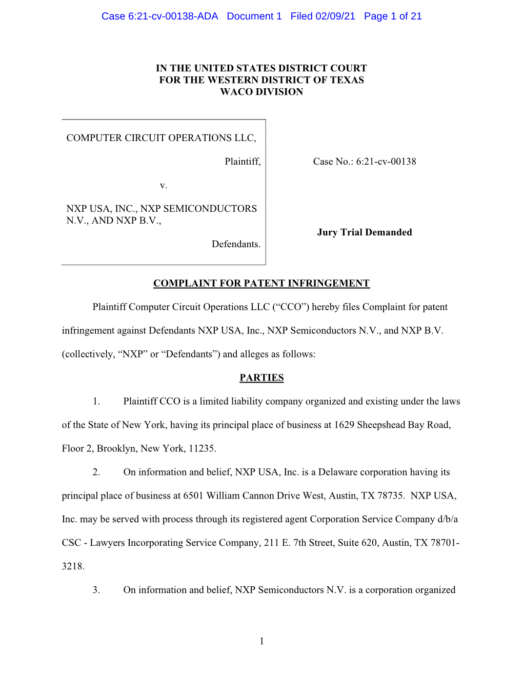 Case 6:21-Cv-00138-ADA Document 1 Filed 02/09/21 Page 1 of 21