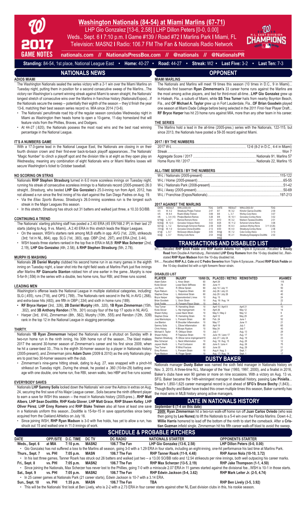 Washington Nationals (84-54) at Miami Marlins (67-71) LHP Gio Gonzalez [13-6, 2.58] | LHP Dillon Peters [0-0, 0.00] Weds., Sept