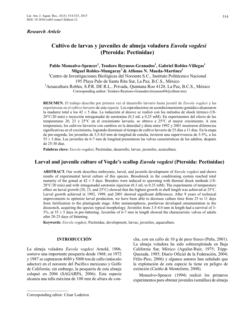 Cultivo De Larvas Y Juveniles De Almeja Voladora Euvola Vogdesi (Pteroida: Pectinidae)