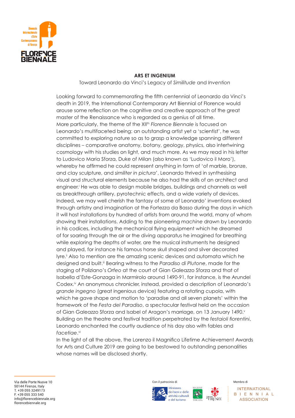 ARS ET INGENIUM Toward Leonardo Da Vinci's Legacy of Similitude and Invention Looking Forward to Commemorating the Fifth Cente