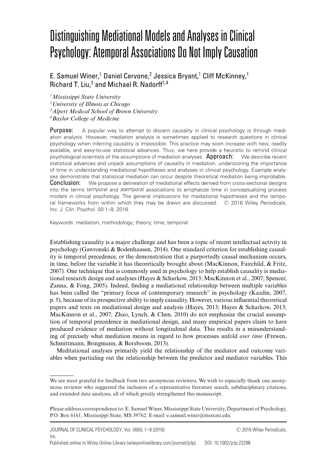 Distinguishing Mediational Models and Analyses in Clinical Psychology: Atemporal Associations Do Not Imply Causation