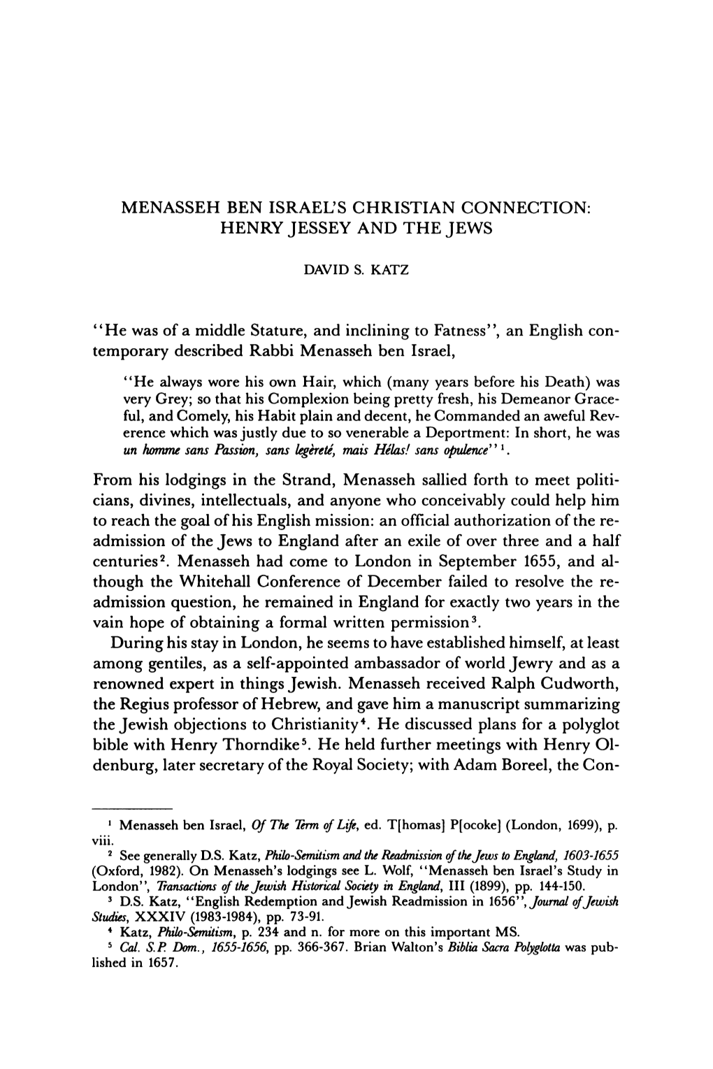 Menasseh Ben Israel's Christian Connection: Henry Jessey and the Jews