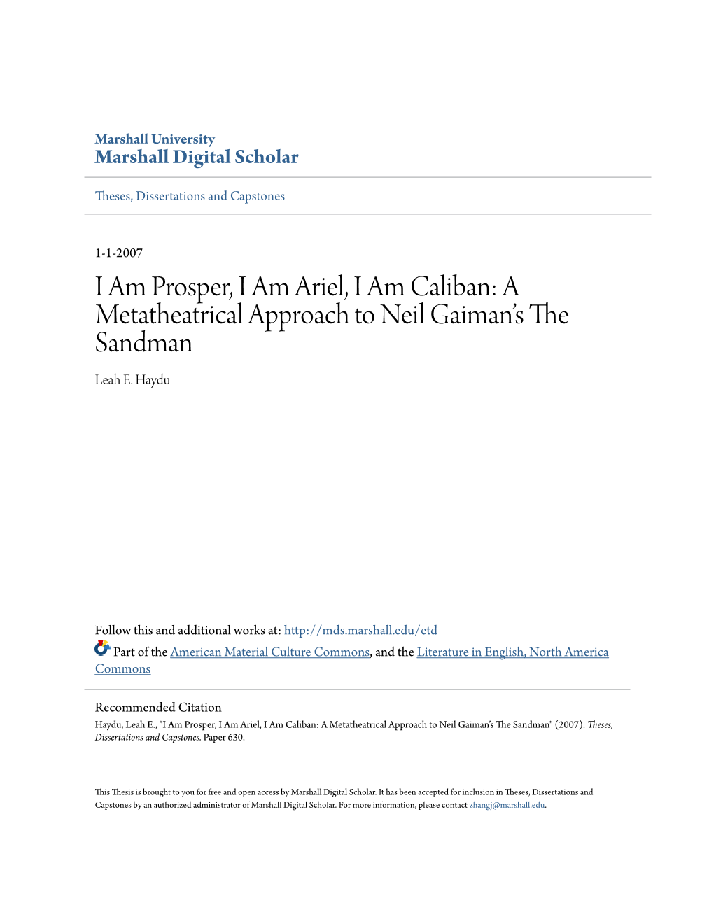 I Am Prosper, I Am Ariel, I Am Caliban: a Metatheatrical Approach to Neil Gaimanâ•Žs the Sandman