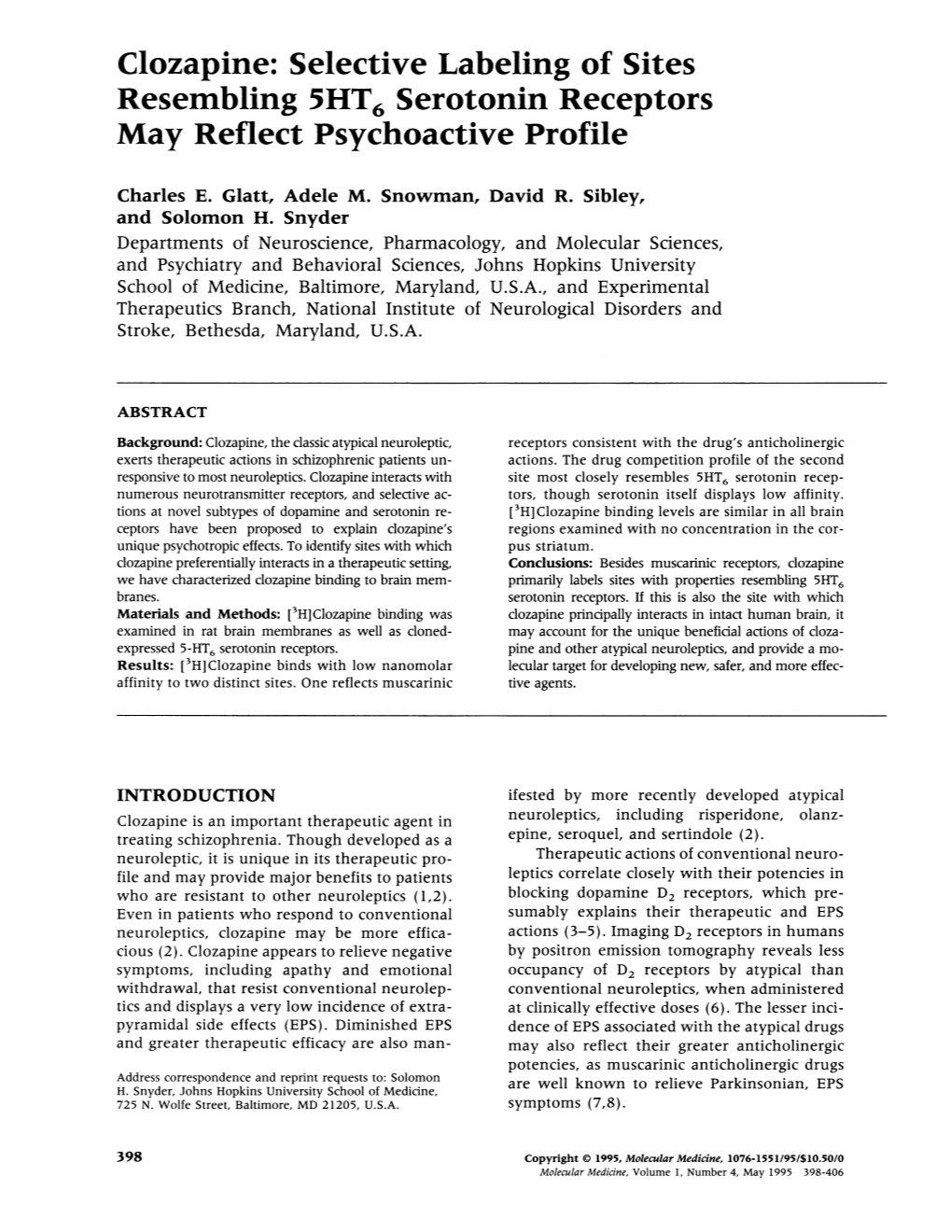 Clozapine: Selective Labeling of Sites Resembling 5HT6 Serotonin Receptors May Reflect Psychoactive Profile