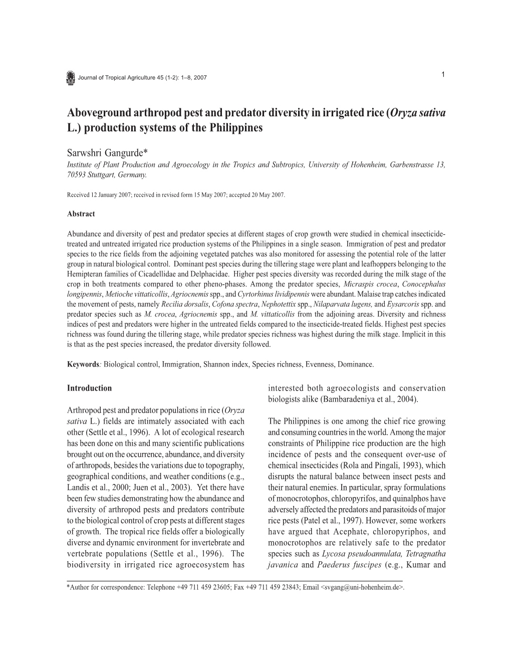 Aboveground Arthropod Pest and Predator Diversity in Irrigated Rice (Oryza Sativa L.) Production Systems of the Philippines