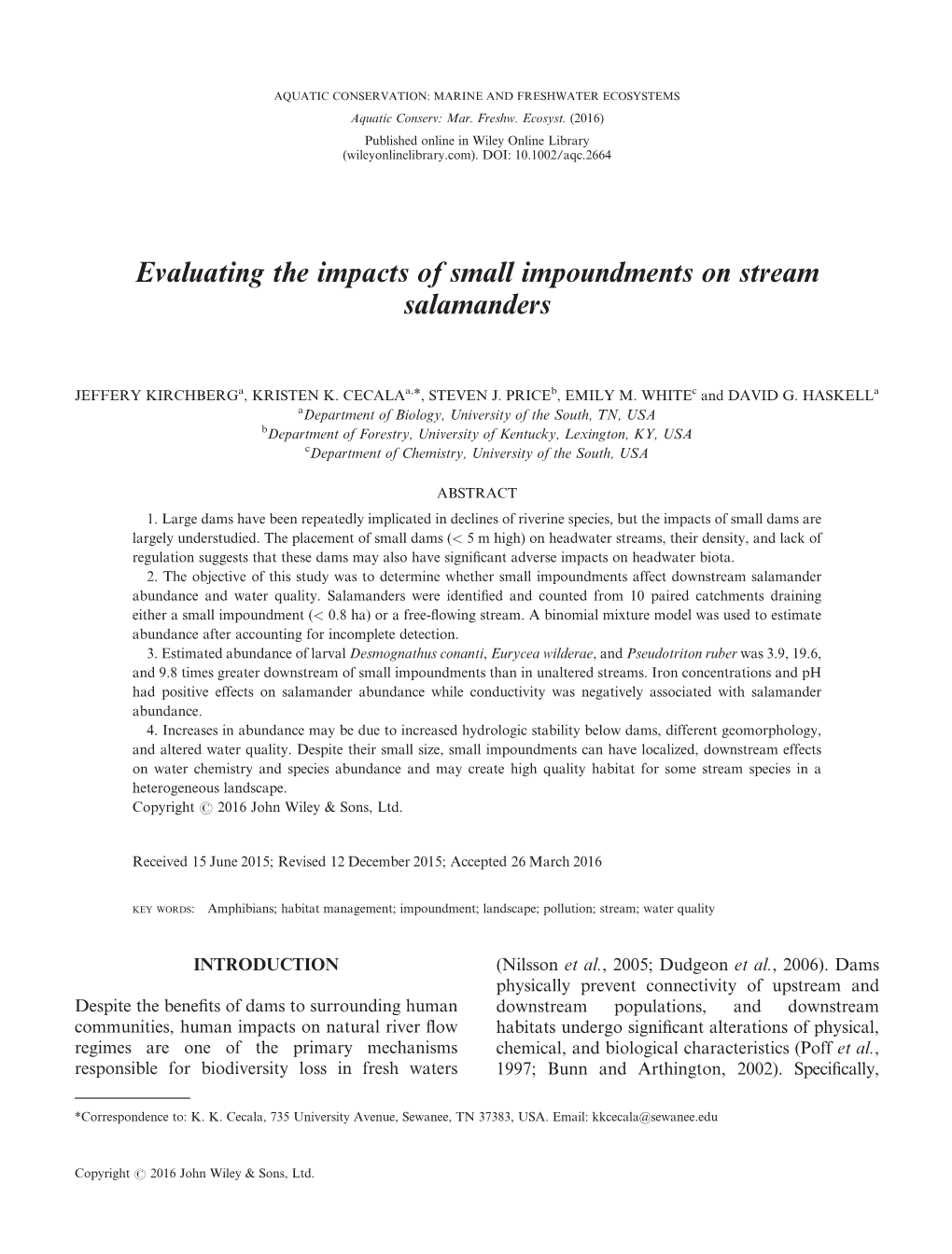 Evaluating the Impacts of Small Impoundments on Stream Salamanders