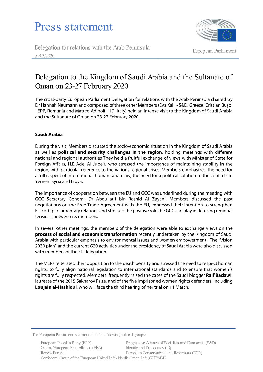 Press Statement on the Delegation to the KSA and Oman on 23-27