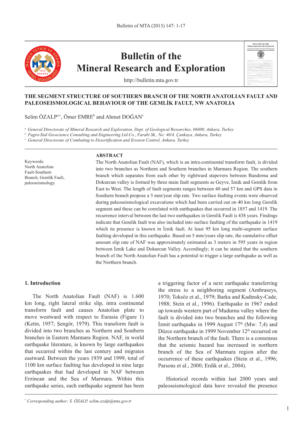 Bulletin of the Mineral Research and Exploration