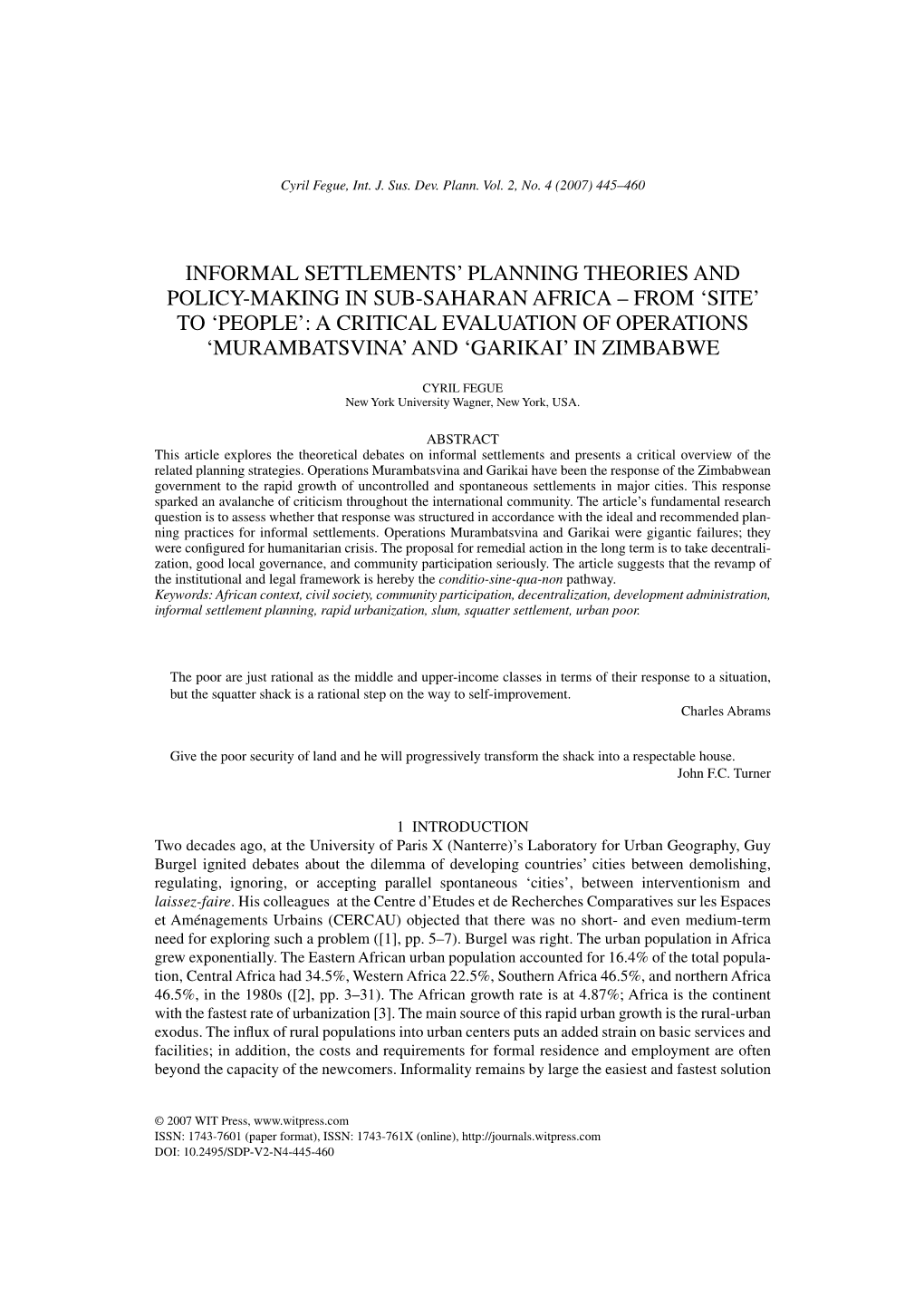 Informal Settlements' Planning Theories