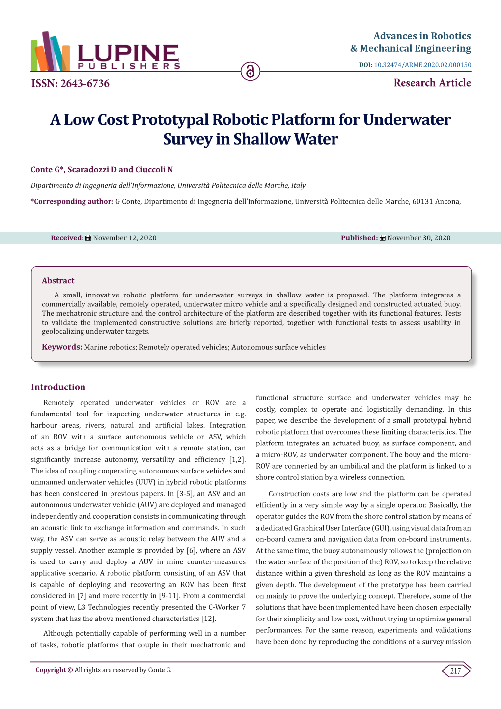 A Low Cost Prototypal Robotic Platform for Underwater Survey in Shallow Water