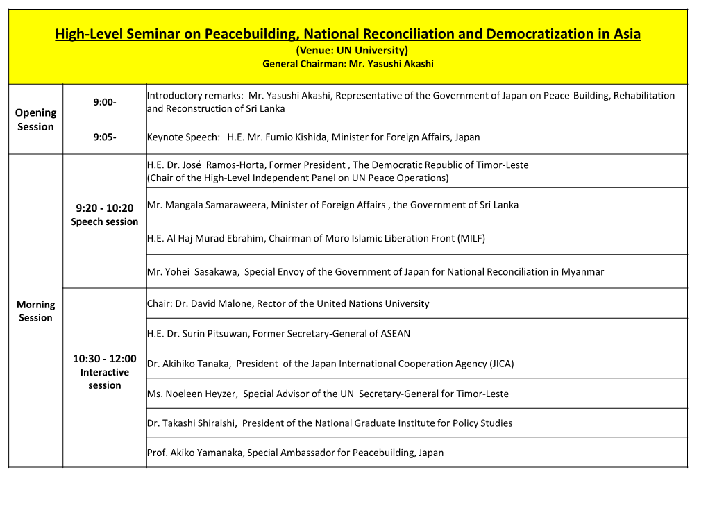 High-Level Seminar on Peacebuilding, National Reconciliation and Democratization in Asia (Venue: UN University) General Chairman: Mr