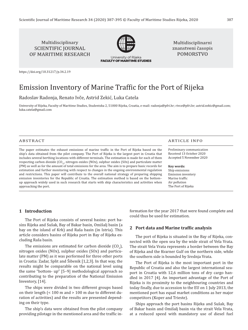 Emission Inventory of Marine Traffic for the Port of Rijeka