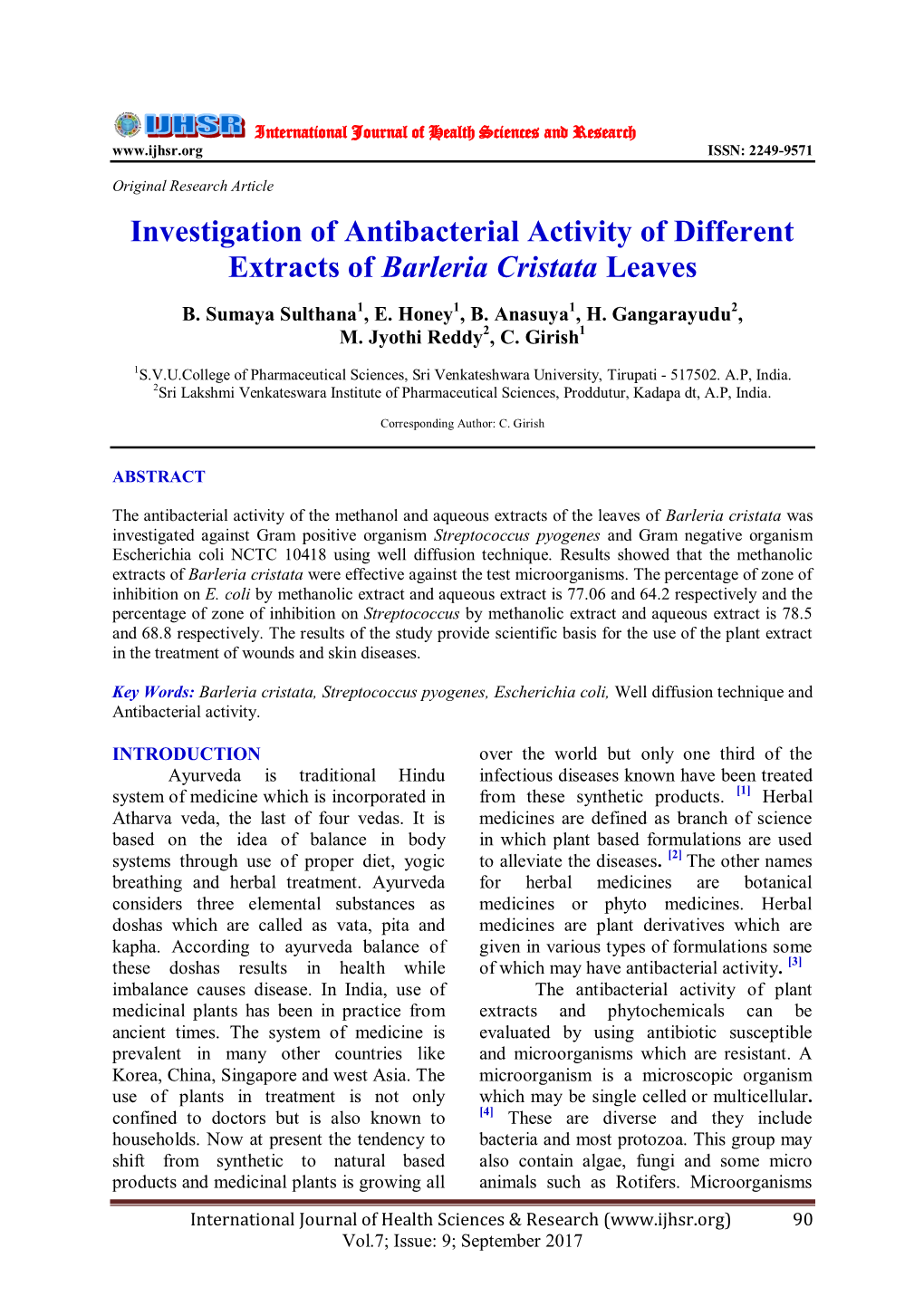 Investigation of Antibacterial Activity of Different Extracts of Barleria Cristata Leaves