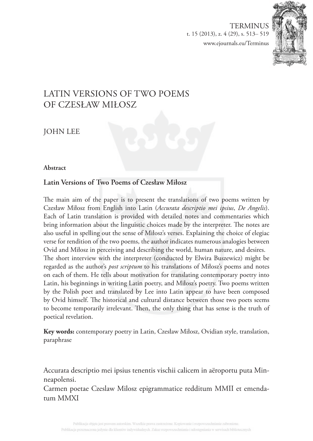 Latin Versions of Two Poems of Czesław Miłosz