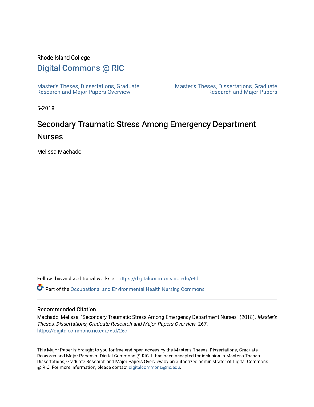 Secondary Traumatic Stress Among Emergency Department Nurses