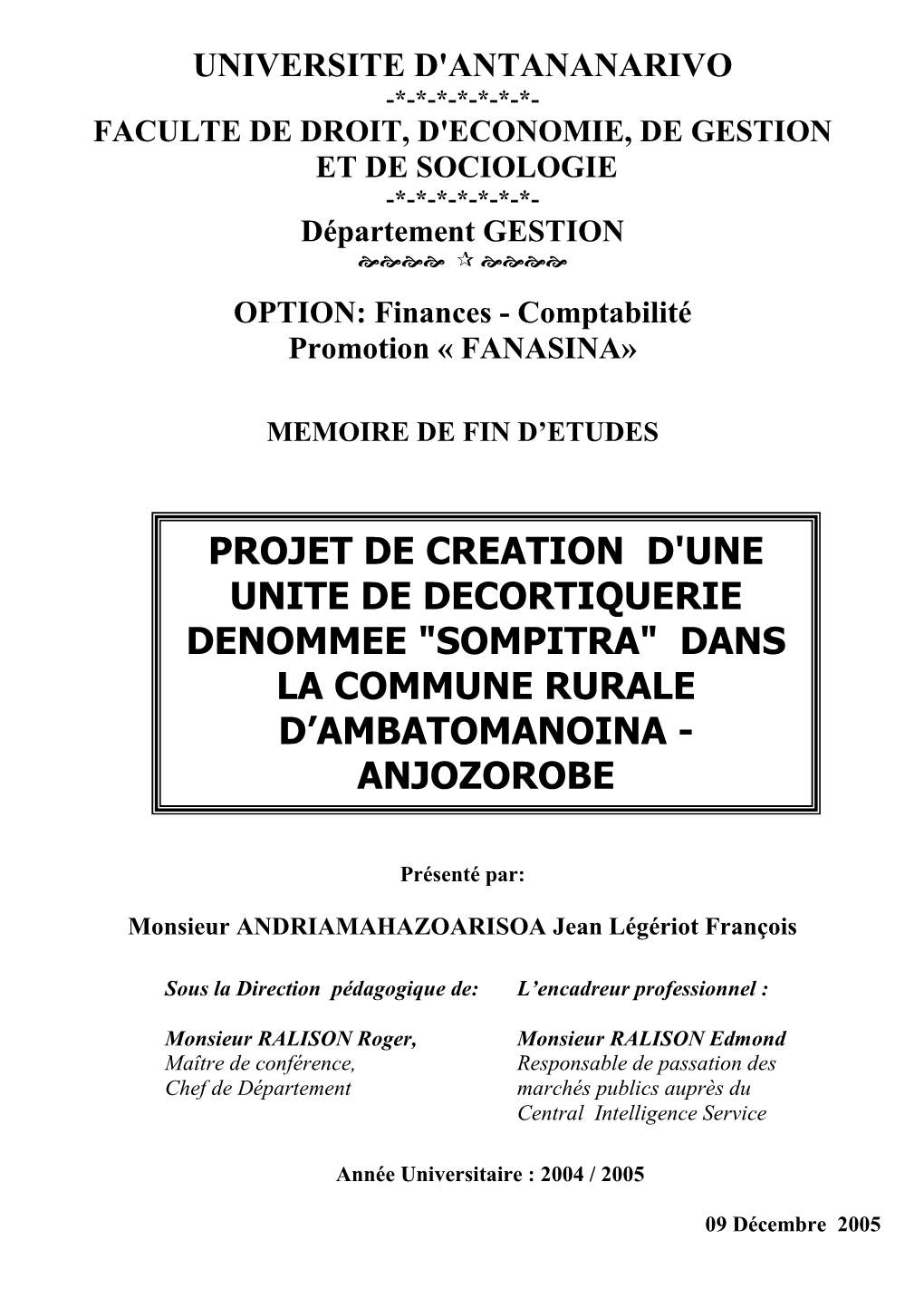 Projet De Creation D'une Unite