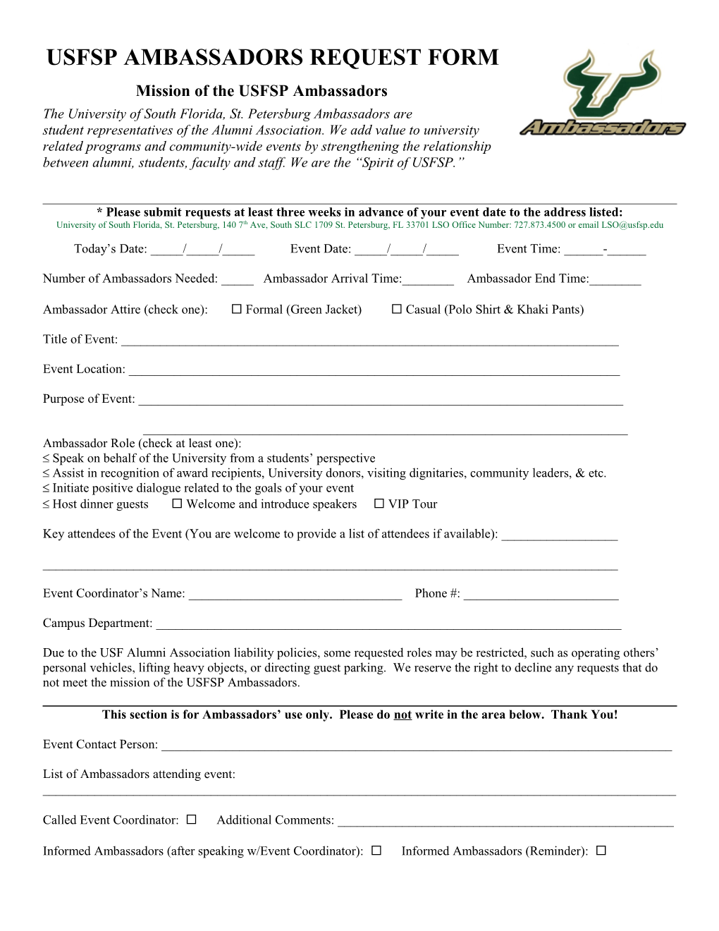 Usf Ambassadors Request Form