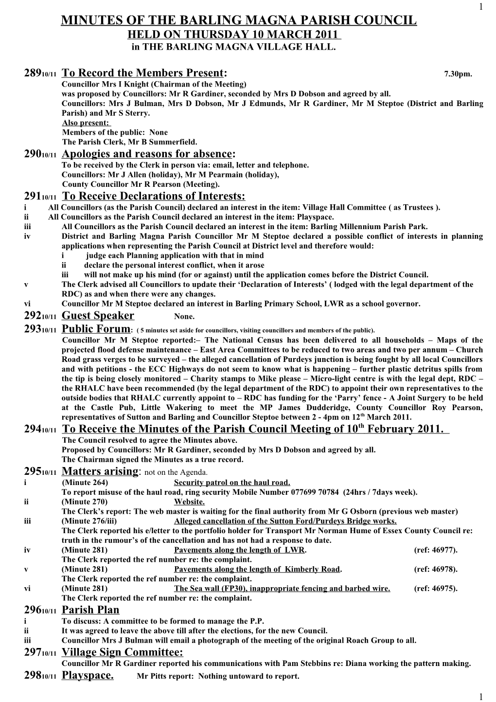 Minutes of the Barling Magna Parish Council