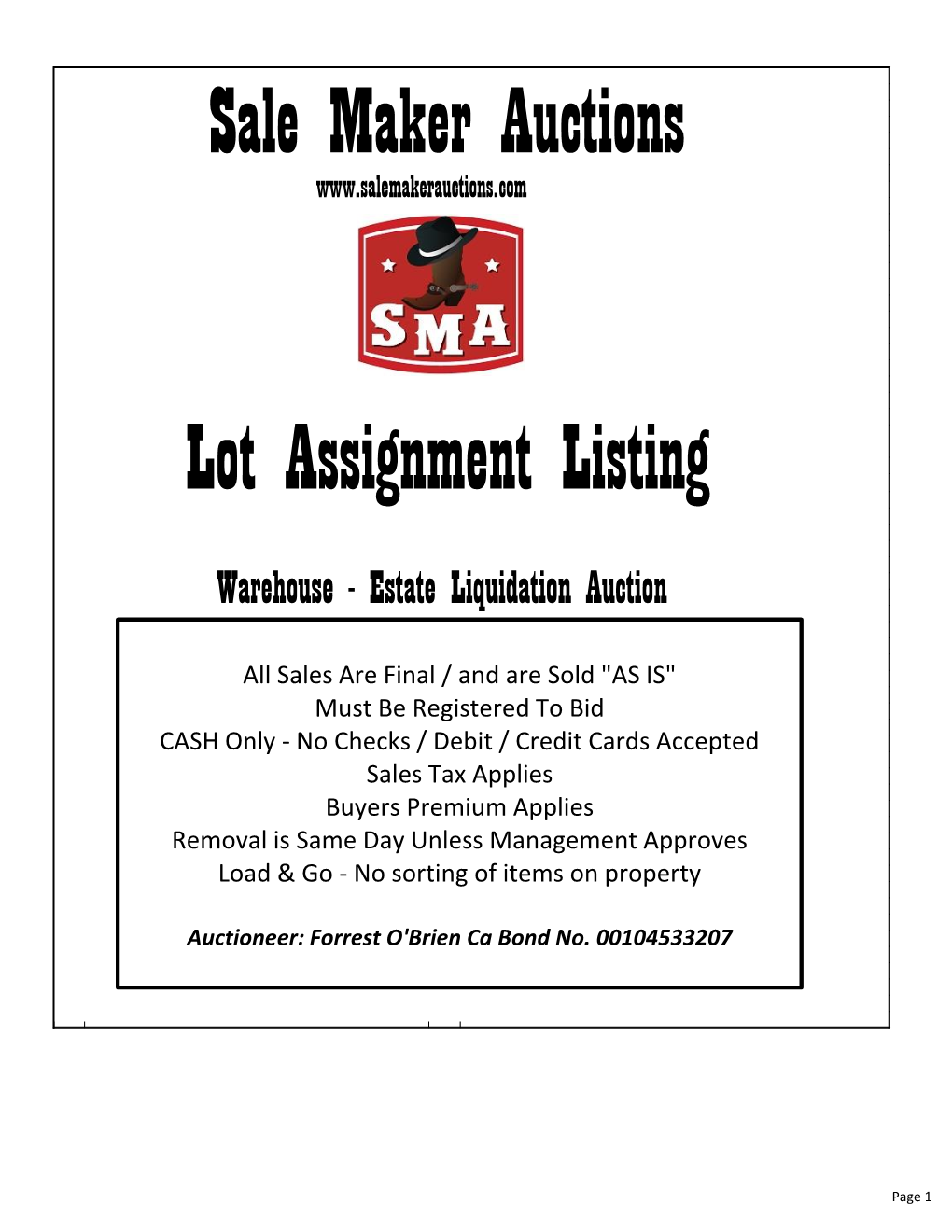 Sale Maker Auctions Lot Assignment Listing