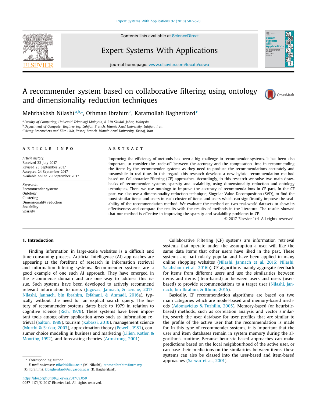 A Recommender System Based on Collaborative Filtering Using Ontology and Dimensionality Reduction Techniques