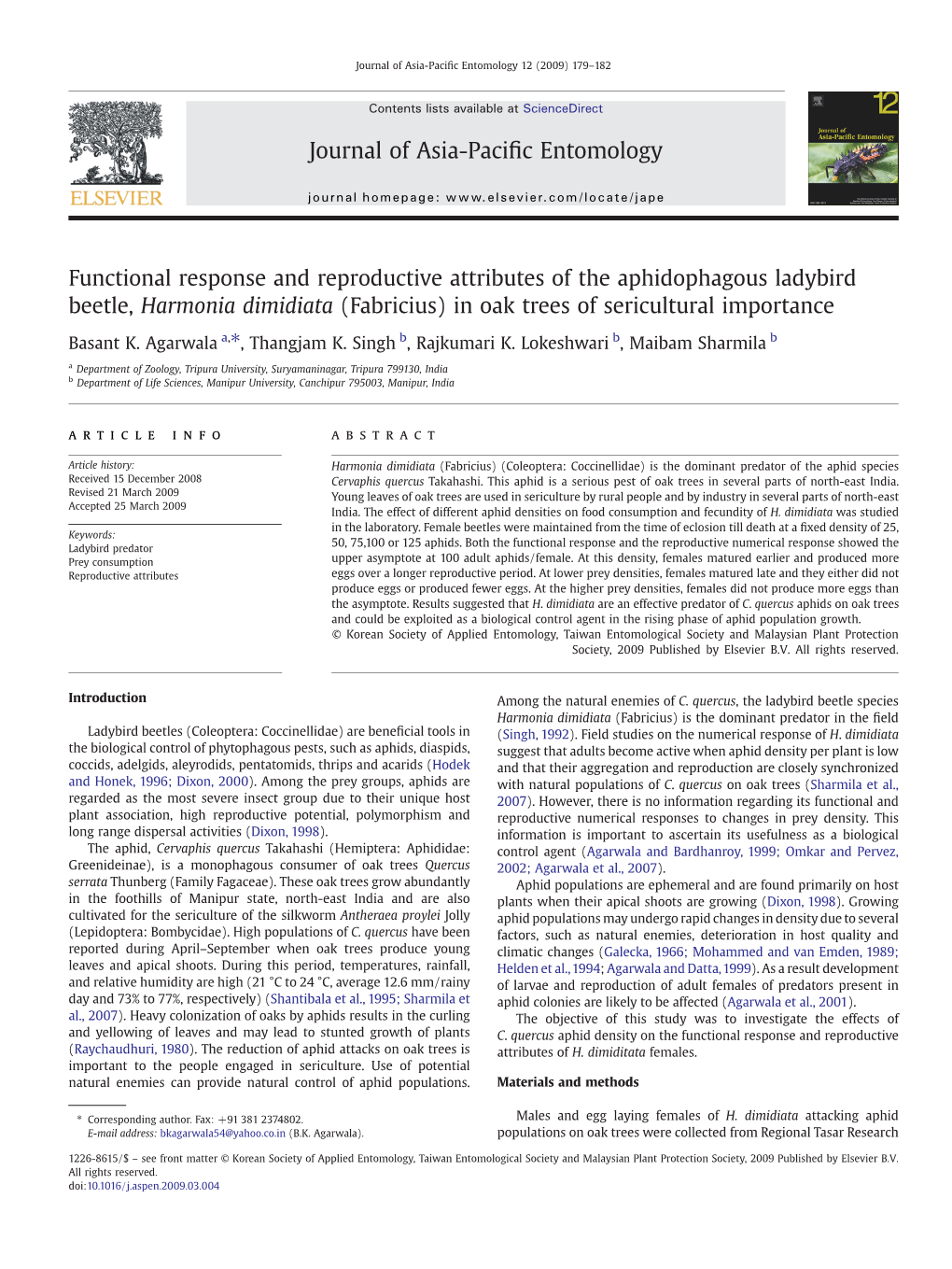 Functional Response and Reproductive Attributes of the Aphidophagous Ladybird Beetle, Harmonia Dimidiata (Fabricius) in Oak Trees of Sericultural Importance