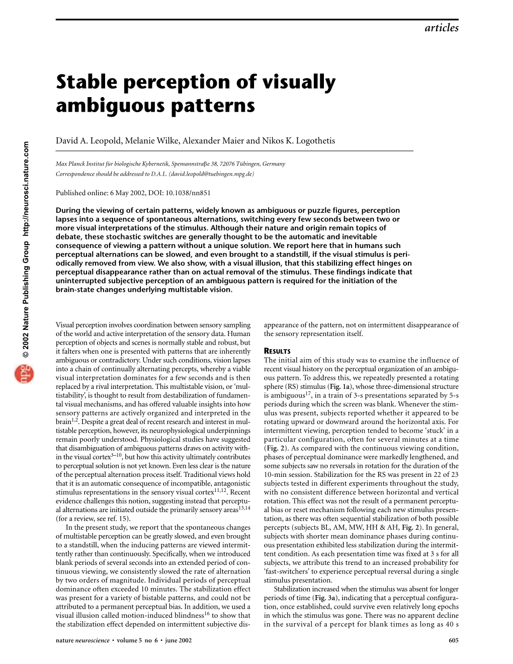 Leopold (2002) Stable Perception of Visually Ambiguous Patterns