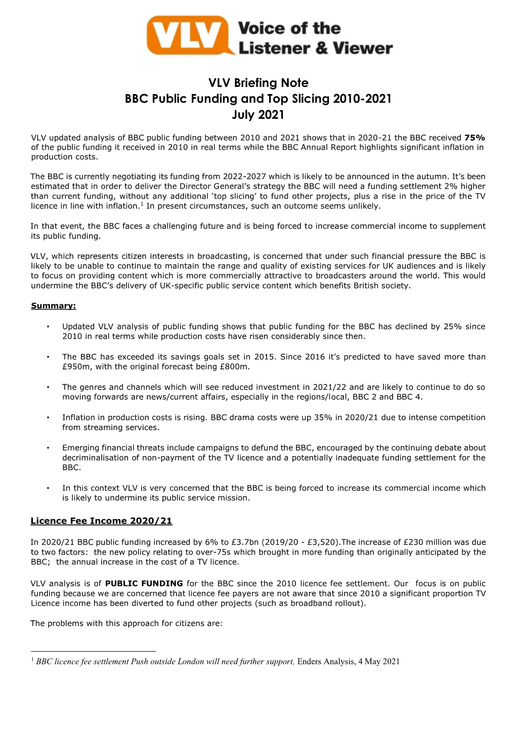 VLV Briefing Note BBC Public Funding and Top Slicing 2010-2021 July 2021