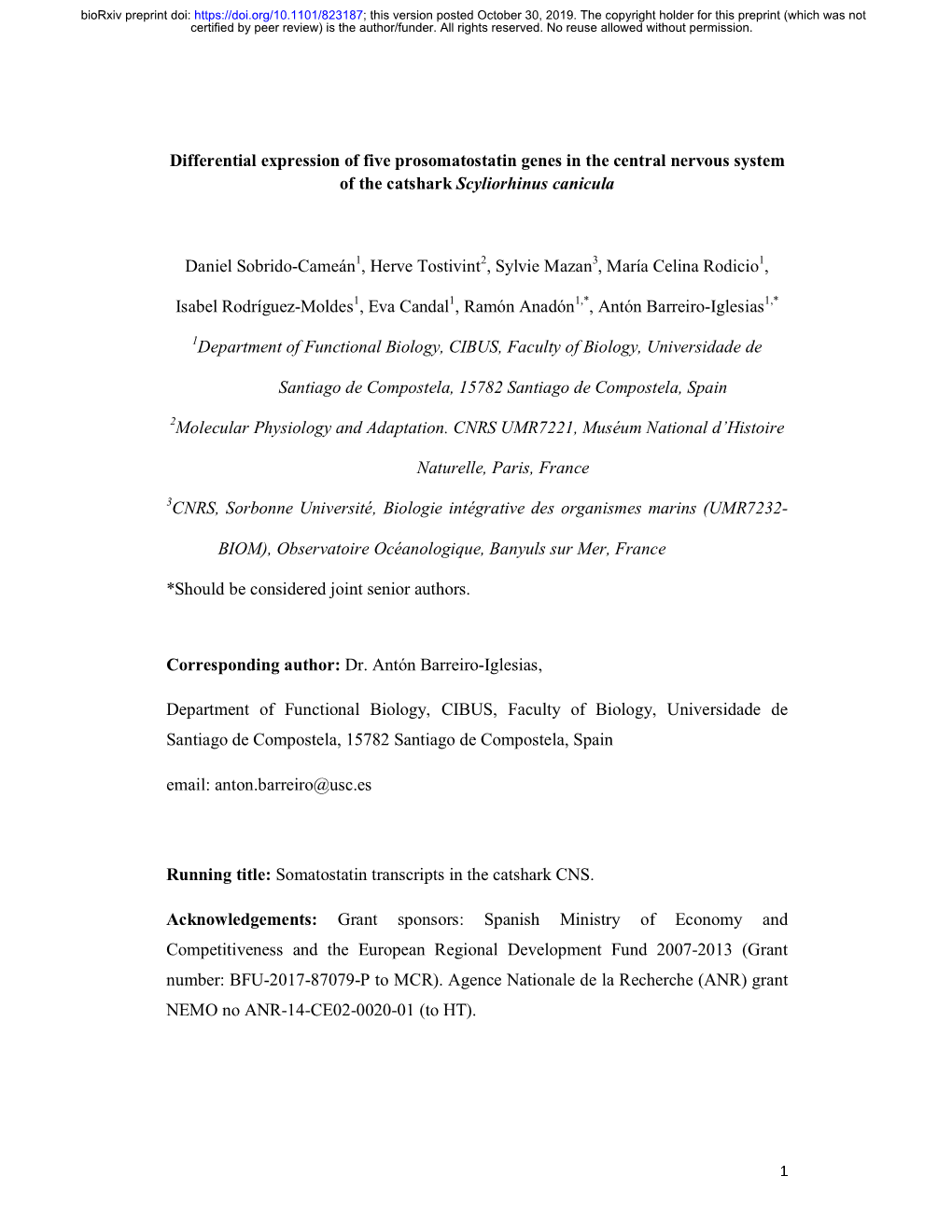 Differential Expression of Five Prosomatostatin Genes in the Central Nervous System of the Catshark Scyliorhinus Canicula