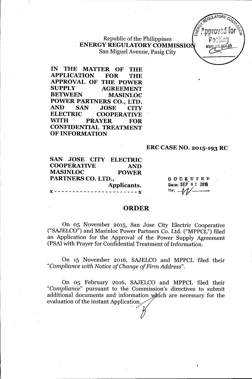 Order, ERC Case No. 2015-193 RC