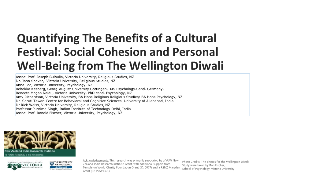 Quantifying the Benefits of a Cultural Festival: Social Cohesion and Personal Well-Being from the Wellington Diwali Assoc