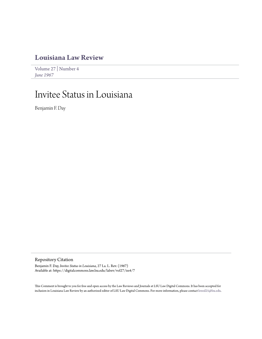 Invitee Status in Louisiana Benjamin F