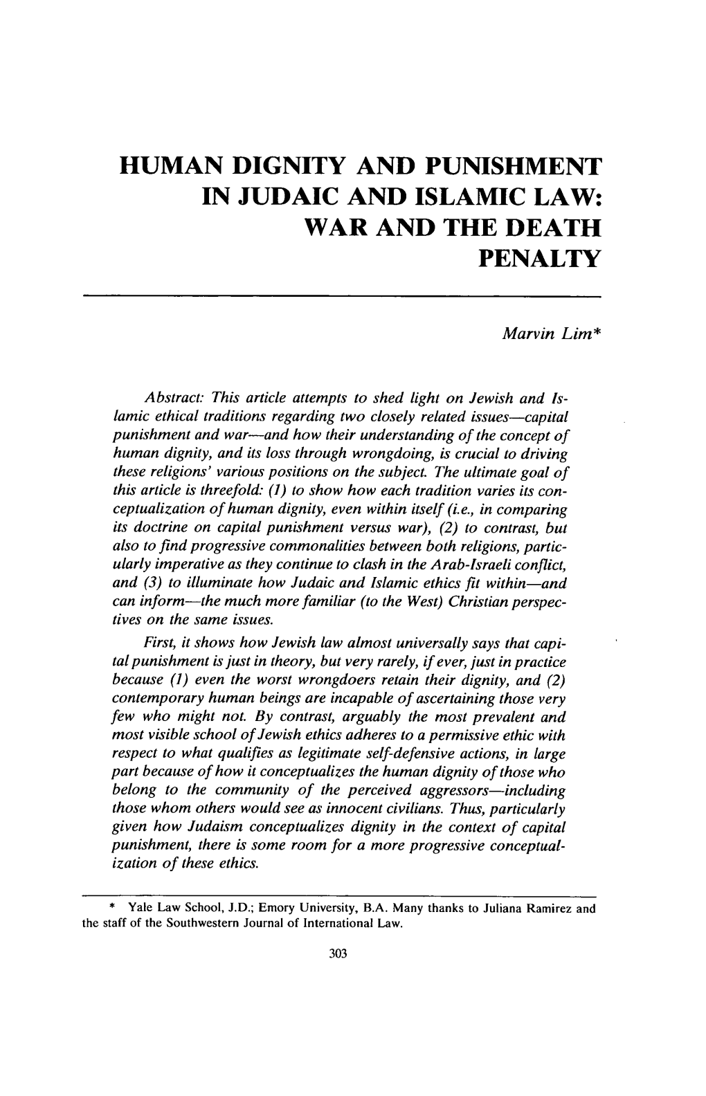 Human Dignity and Punishment in Judaic and Islamic Law: War and the Death Penalty