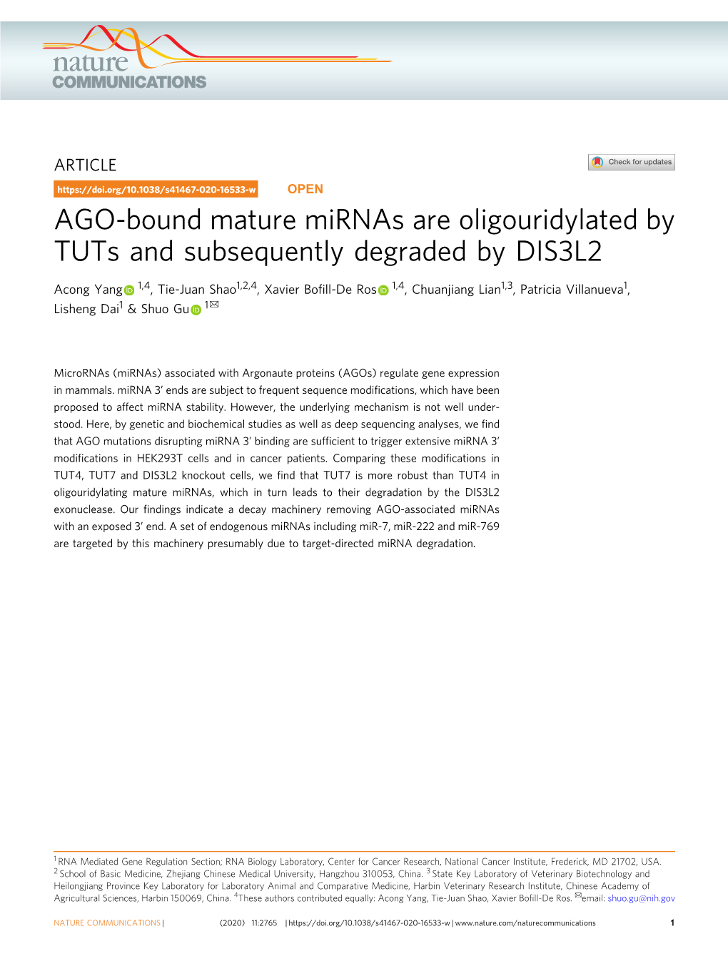 AGO-Bound Mature Mirnas Are Oligouridylated by Tuts and Subsequently Degraded by DIS3L2