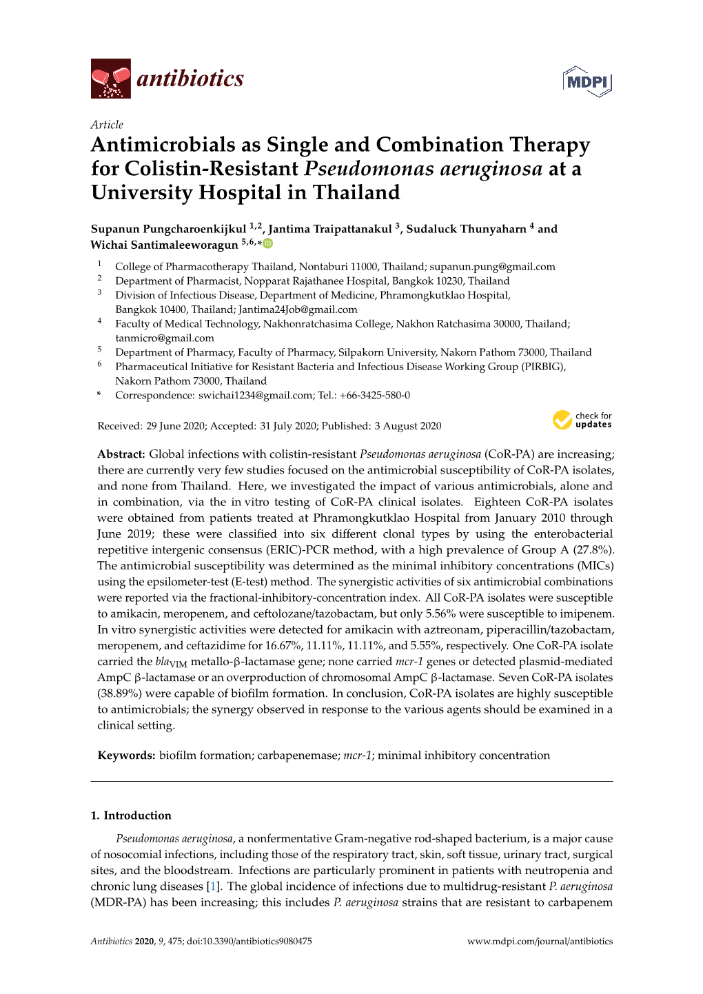 Antimicrobials As Single and Combination Therapy for Colistin-Resistant Pseudomonas Aeruginosa at a University Hospital in Thailand