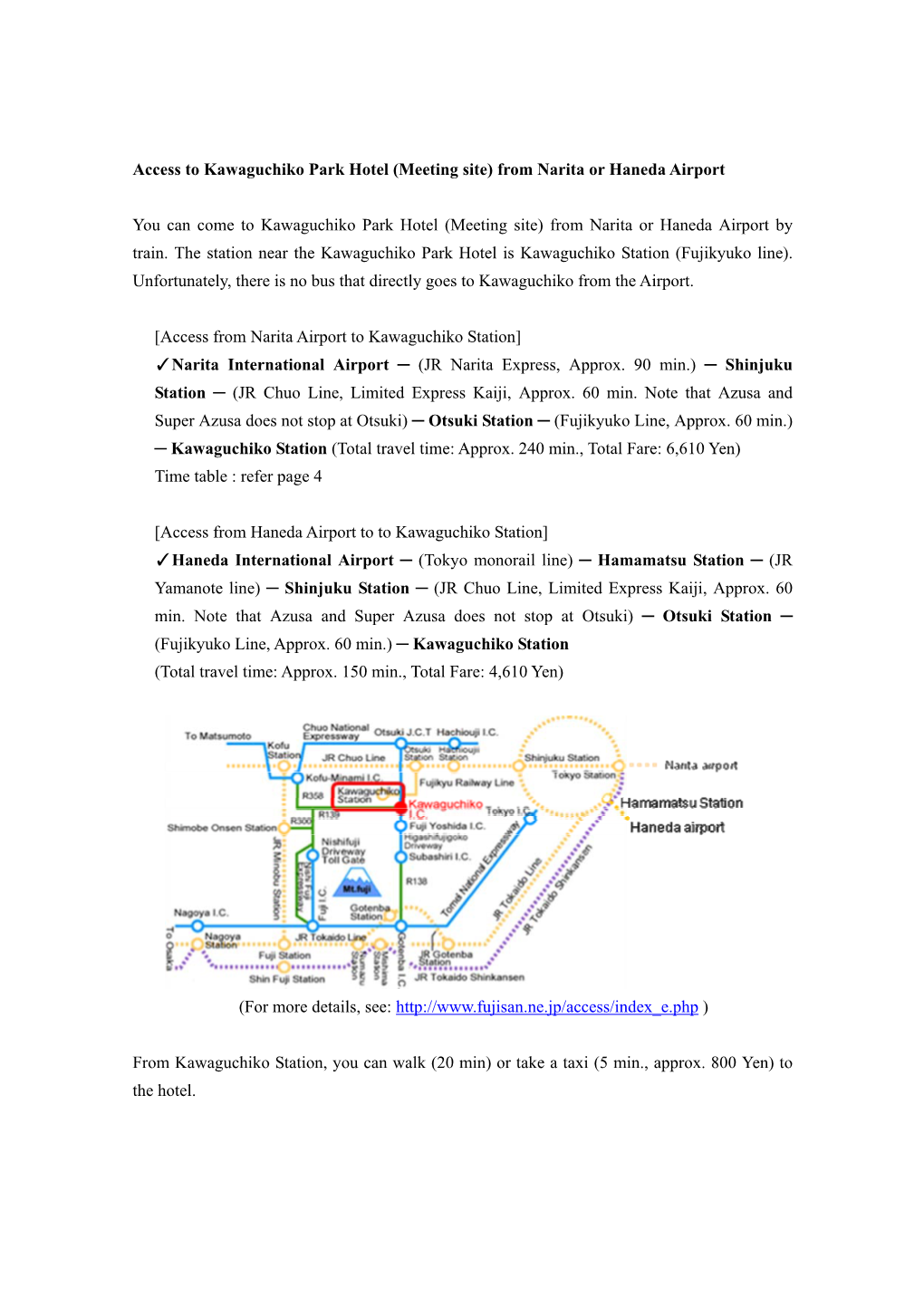 Access to Kawaguchiko Park Hotel (Meeting Site) from Narita Or Haneda Airport