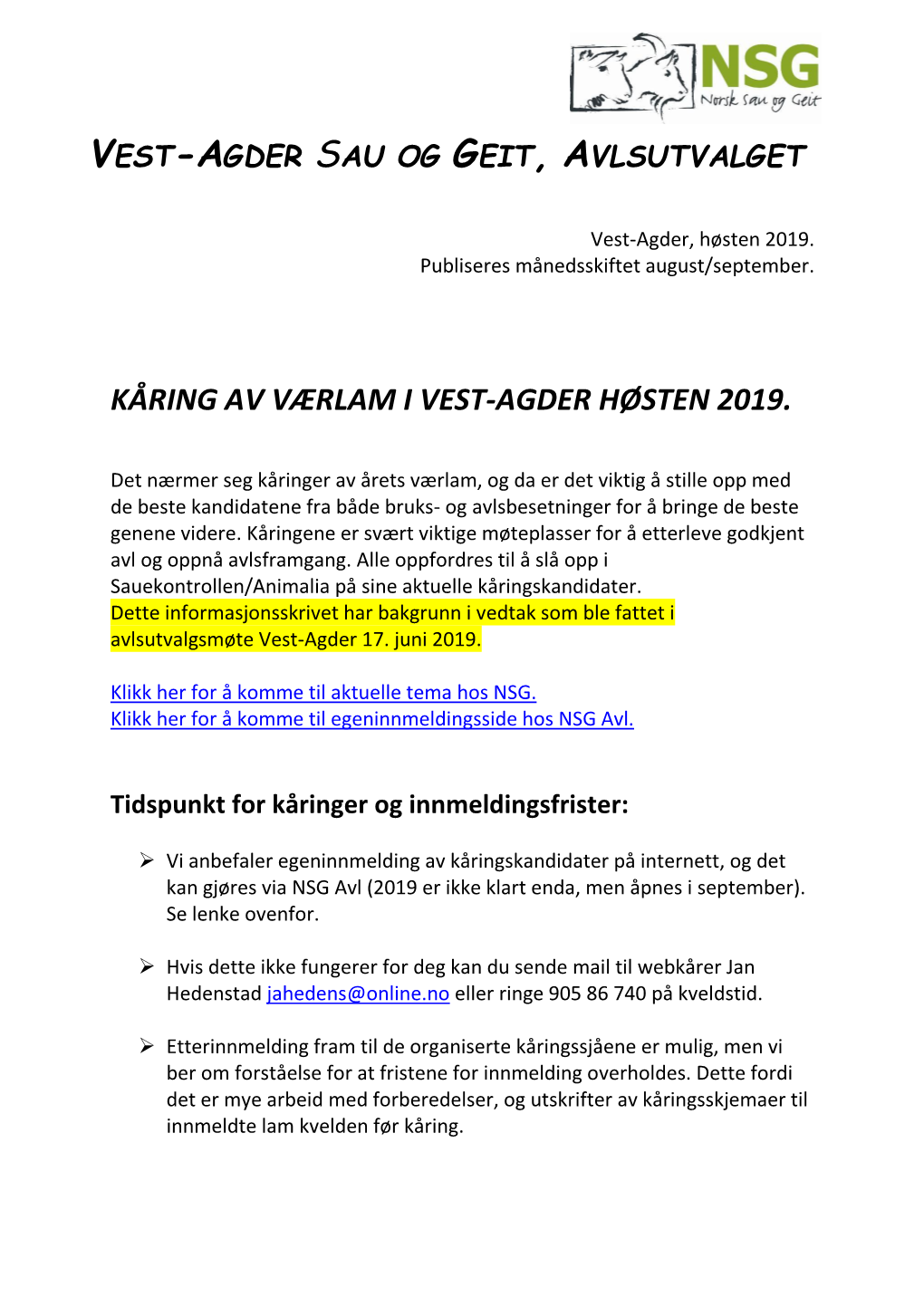 Kåring Av Værlam I Vest-Agder Høsten 2019