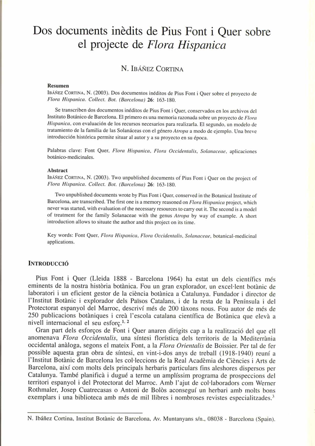 Dos Documents Inedits De Pius Font I Quer Sobre El Projecte De Flora Hispanica