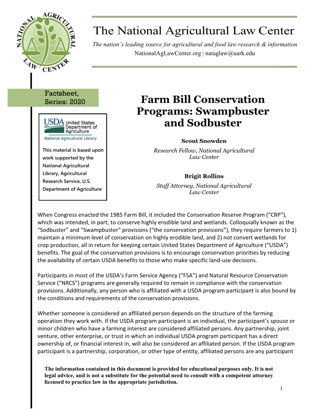 The National Agricultural Law Center the Nation’S Leading Source for Agricultural and Food Law Research & Information Nationalaglawcenter.Org | Nataglaw@Uark.Edu