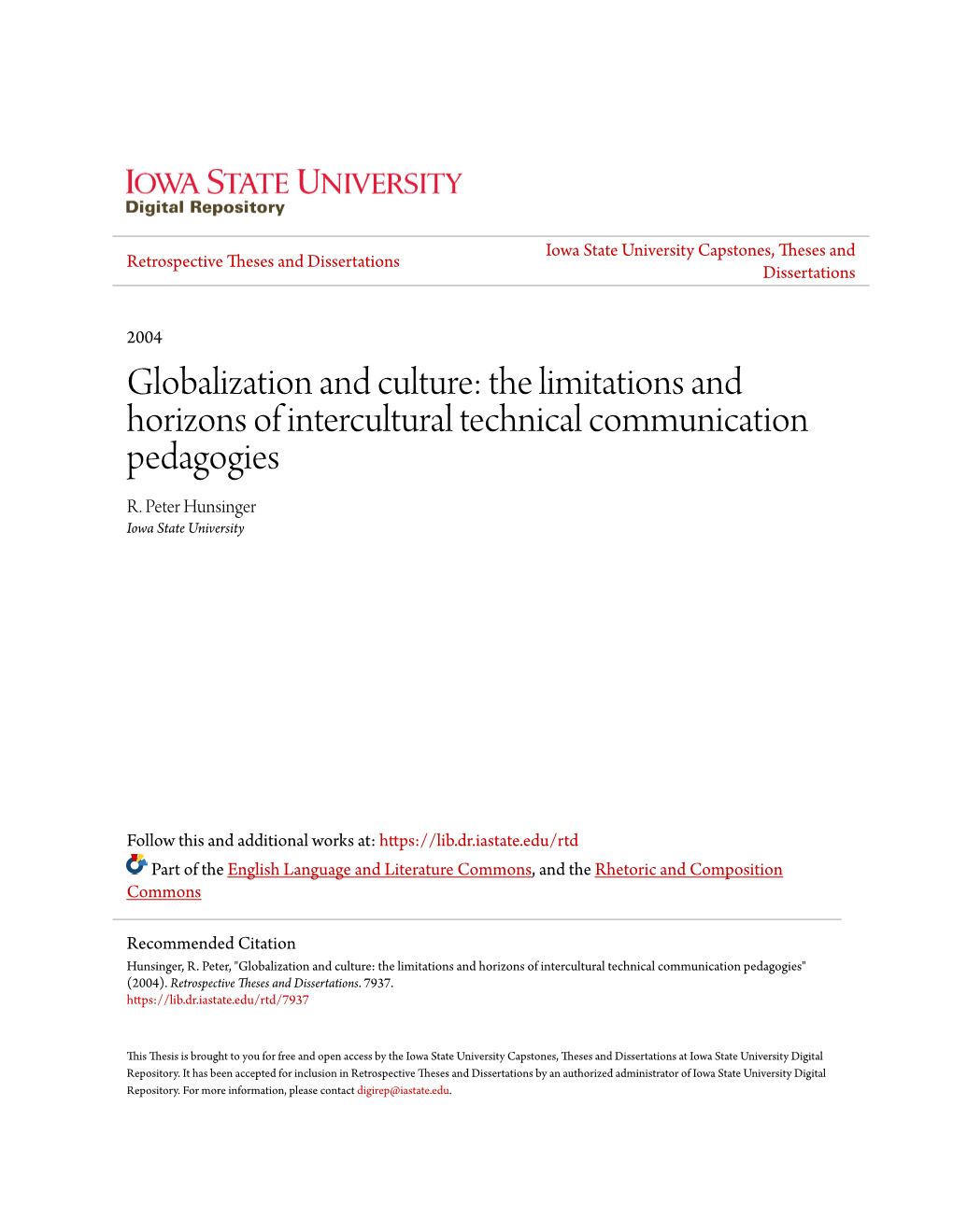 Globalization and Culture: the Limitations and Horizons of Intercultural Technical Communication Pedagogies R