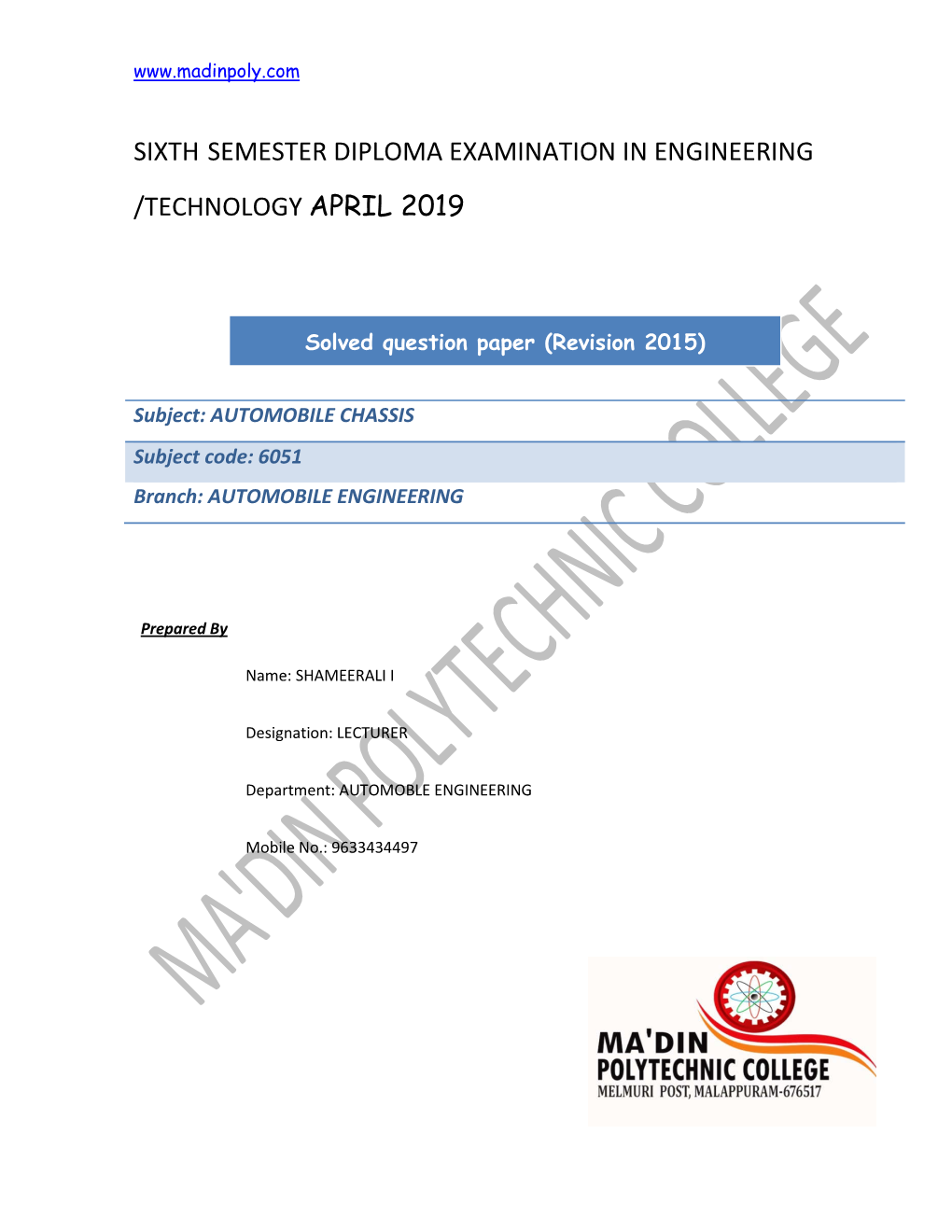 Sixth Semester Diploma Examination in Engineering /Technology April 2019