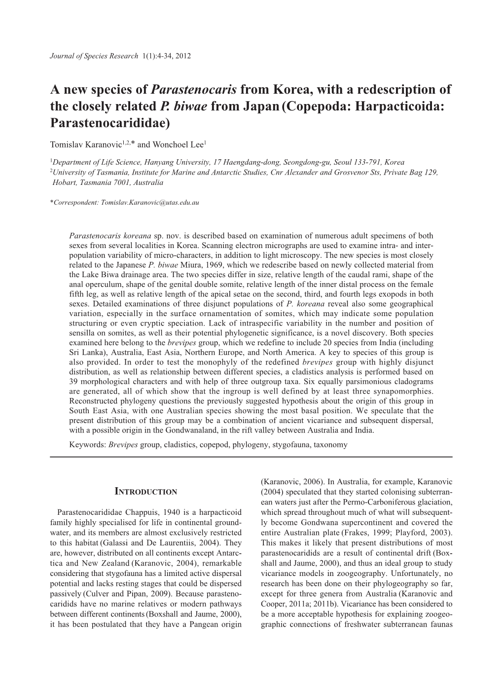 A New Species of Parastenocaris from Korea, with a Redescription of the Closely Related P. Biwae from Japan (Copepoda: Harpacticoida: Parastenocarididae)