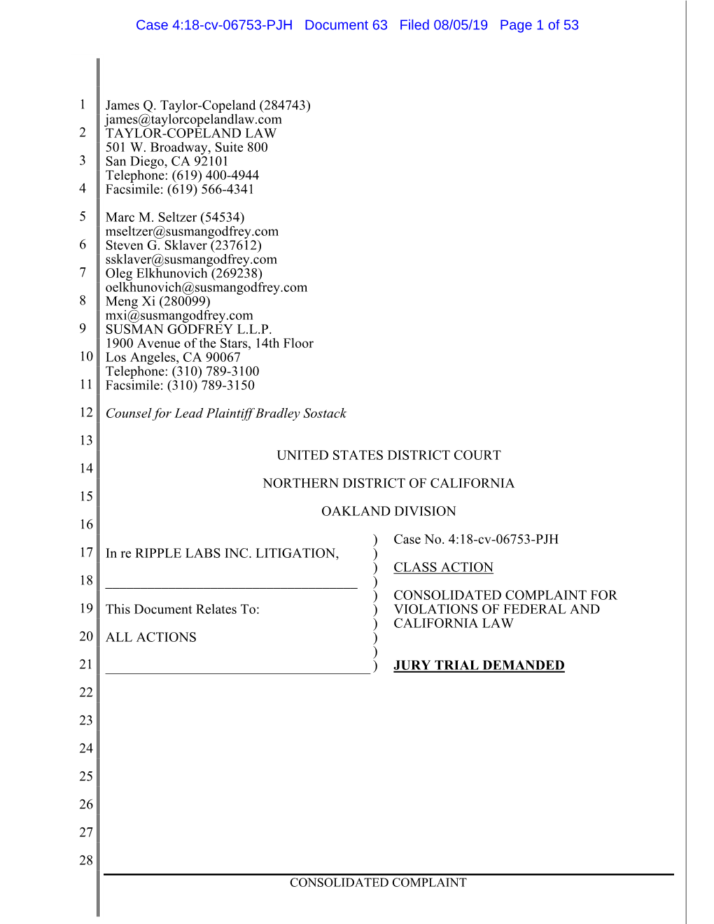 In Re Ripple Labs Inc. Litigation 18-CV-06753-Consolidated